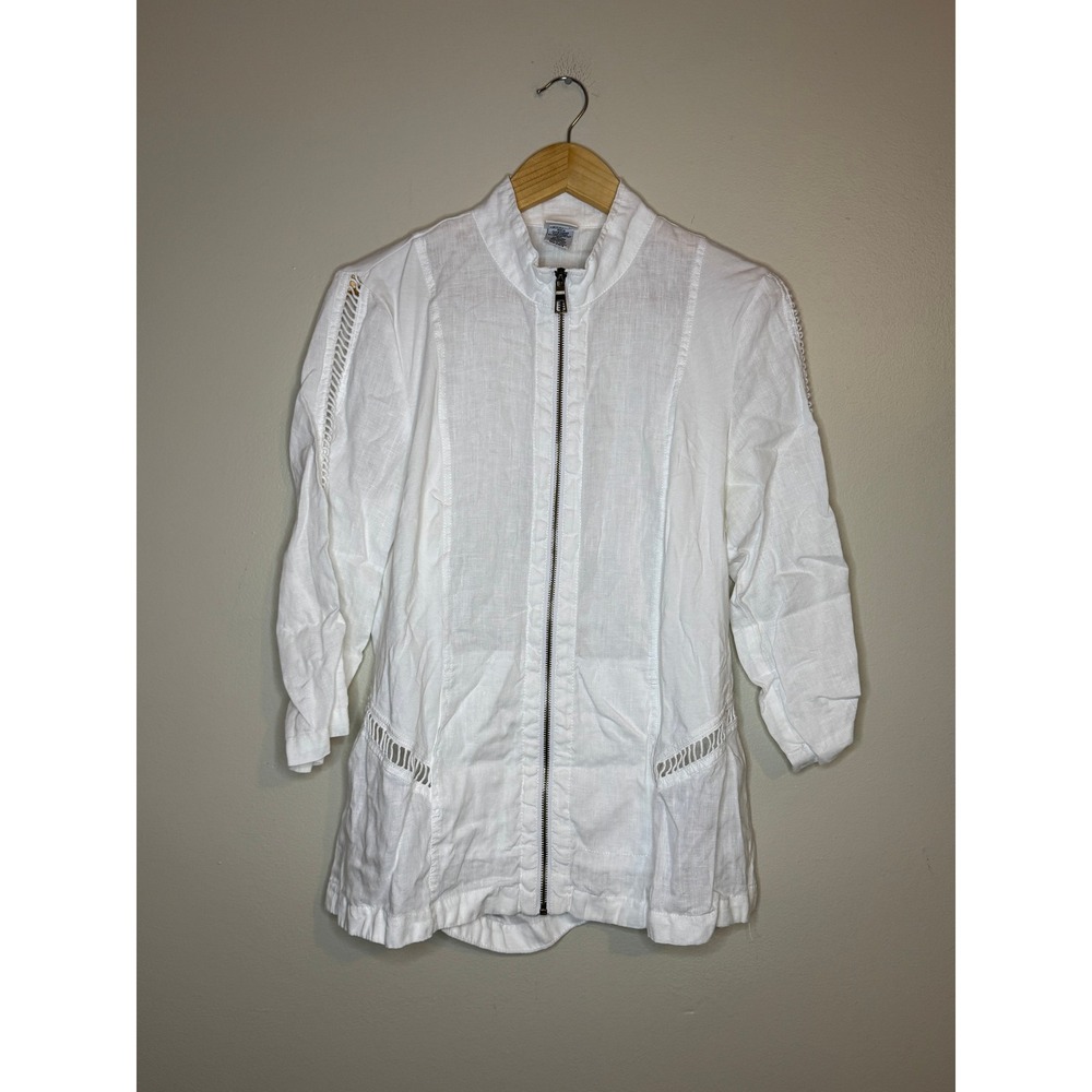 Mind Set by XCVI White Linen Zip Up Jacket Ladder Cutout Mock Neck Womens Medium